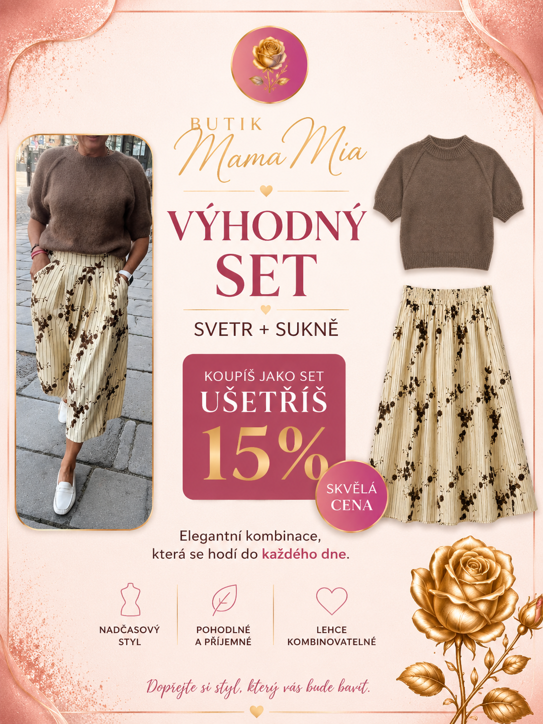 Výhodný set – dámský svetr + dlouhá sukně | SLEVA 15 %